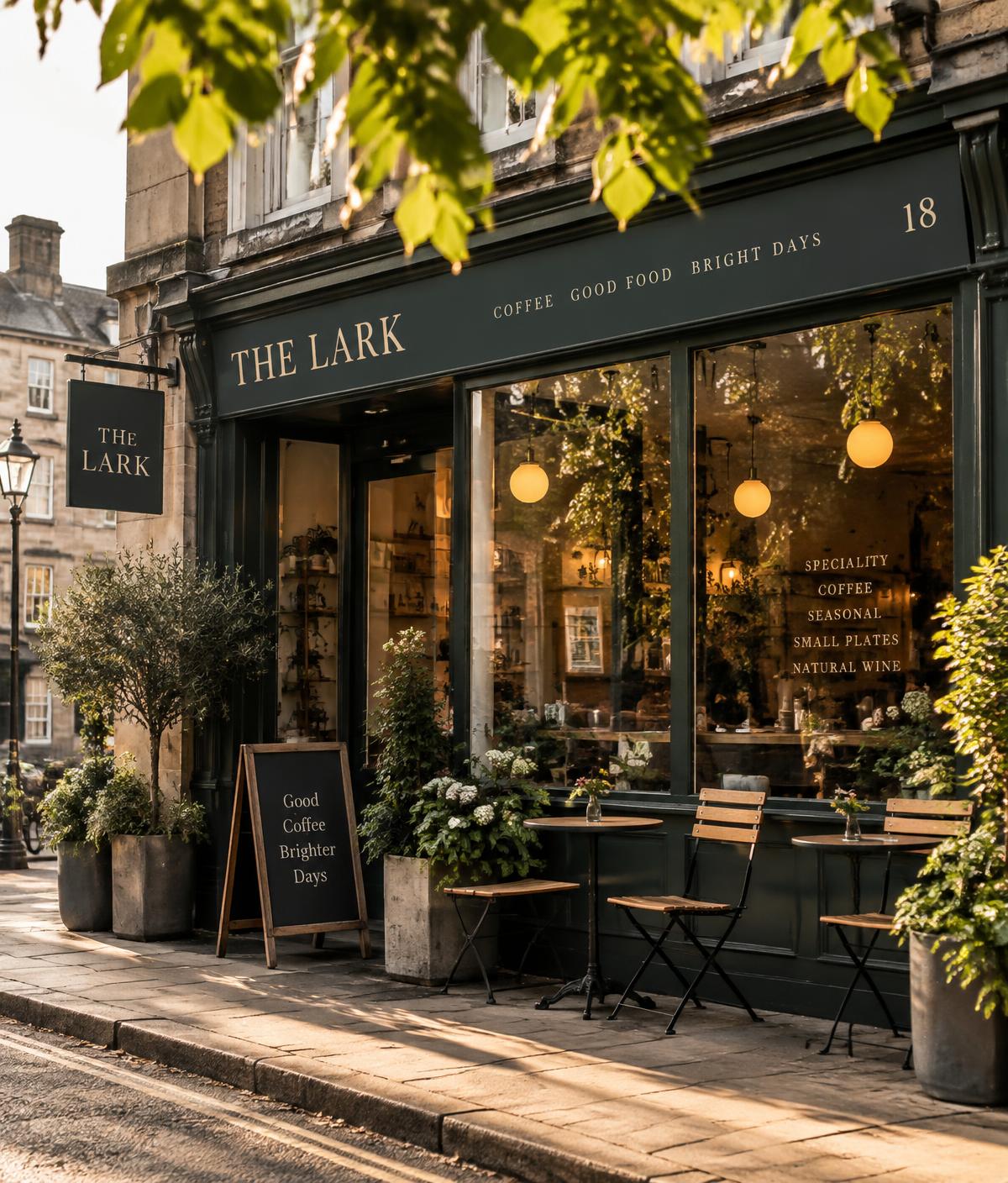 Independent high street café exterior in afternoon light
