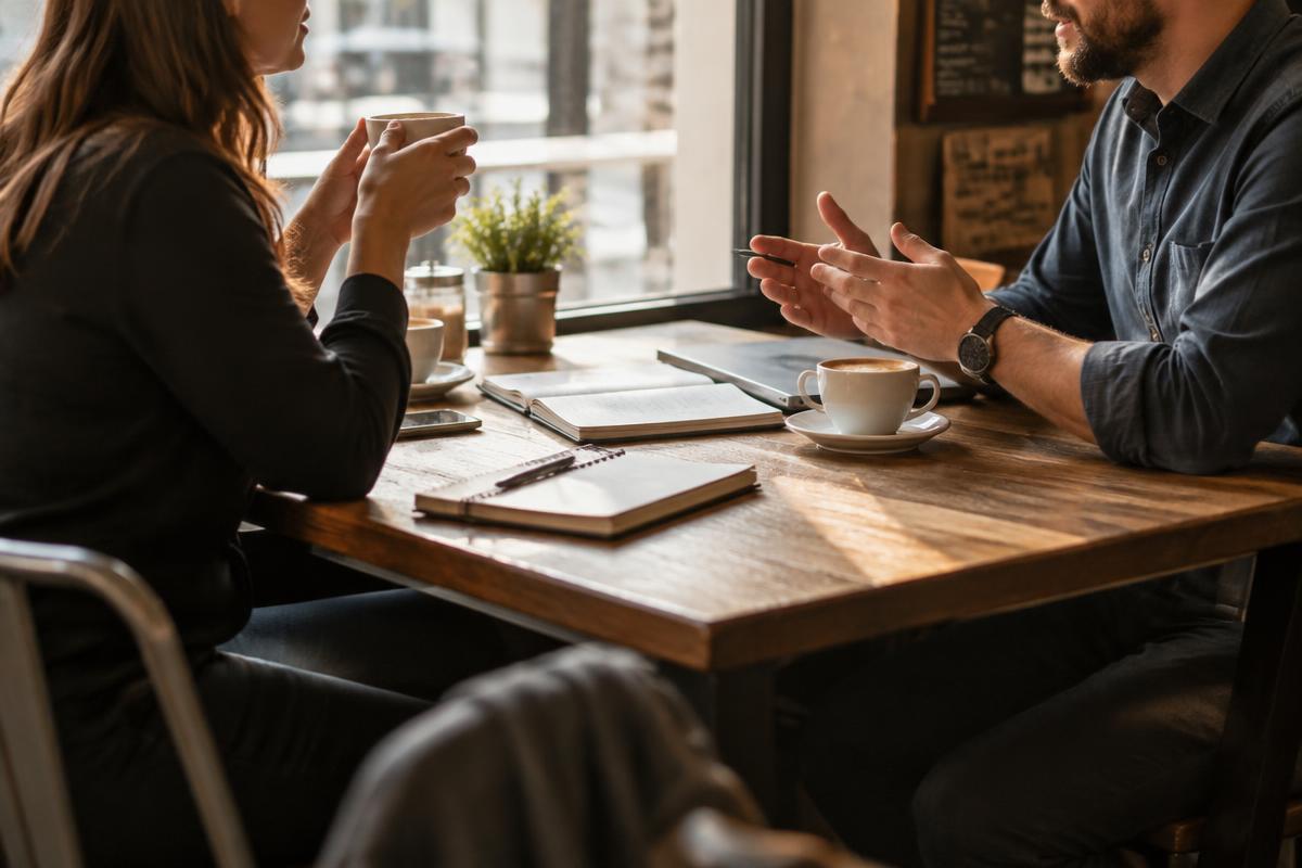 Two people talking across a table during a business meeting