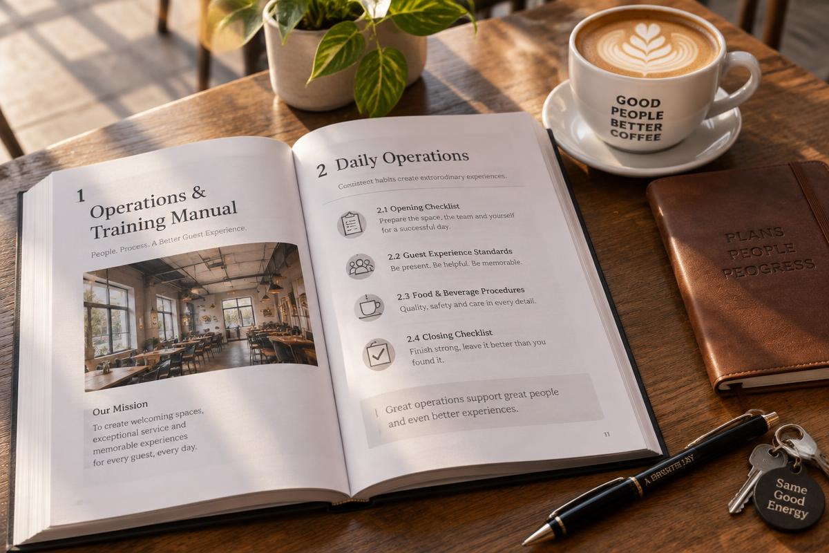 Open operations manual and notes on a work table
